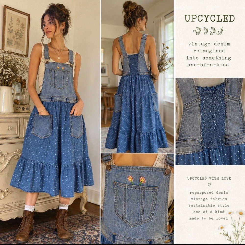 Upcycled Denim Prairie Overall Dress Cottagecore Boho Patchwork Midi Polka dot